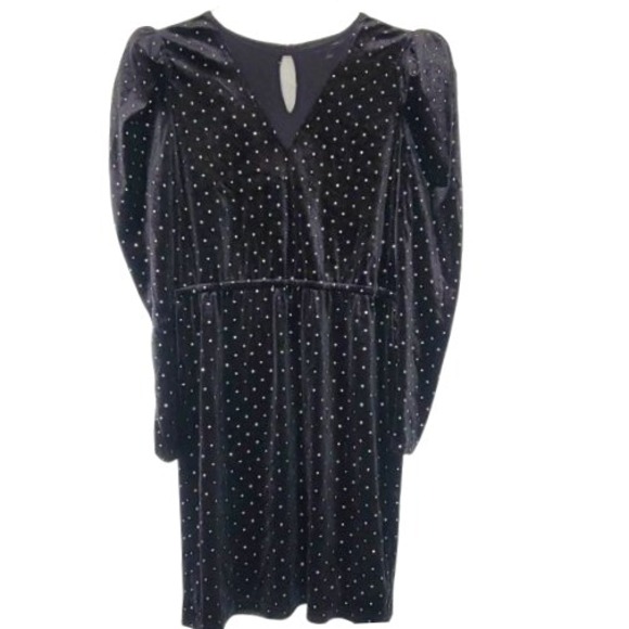 INC International Concepts Dresses & Skirts - INC Black Velour Dress Puff Sleeve Glitter Polka Dot‎ Cottage Mesh Neck Goth L